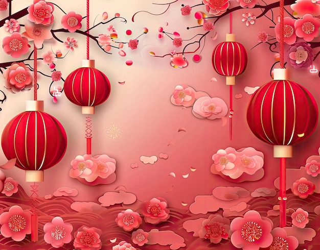 une image de lanternes rouges avec un fond rose avec un fond rosé