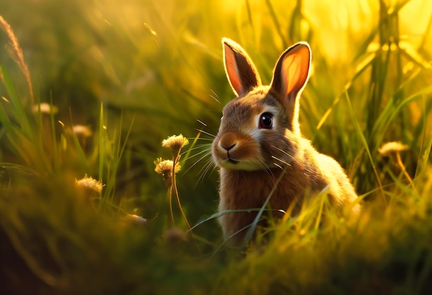 Une image d'un lapin assis dans un champ d'herbe