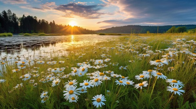 Image d'un lever de soleil d'été sur des marguerites dans une prairie avec des marguetilles de printemps en fleurs GENERATE AI