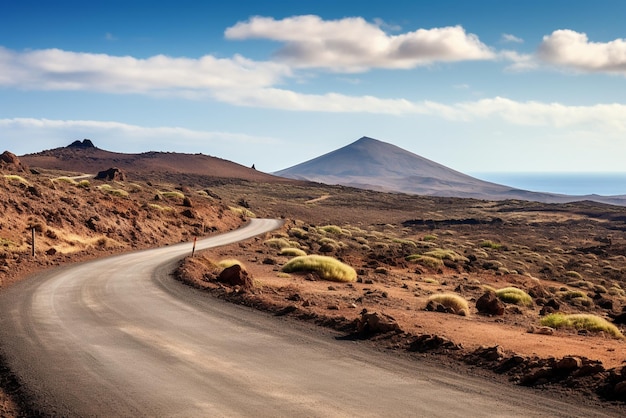 Image liée à des voyages et des aventures routières inexplorées Route à travers le paysage pittoresque jusqu'à la destination dans le parc naturel de Lanzarote