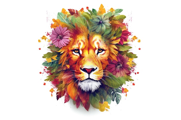 Image d'un lion entouré de fleurs tropicales colorées Animaux sauvages Illustration IA générative