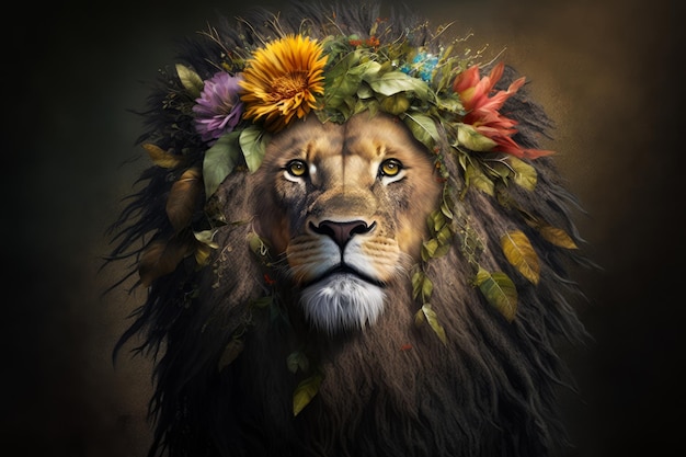 Image d'un lion avec des fleurs sur la tête AI générative