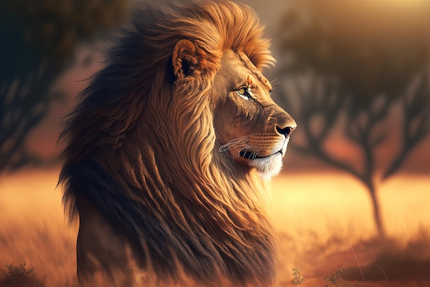 Une image d'un lion royal avec une longue crinière et une expression distraite sur une savane lumineuse