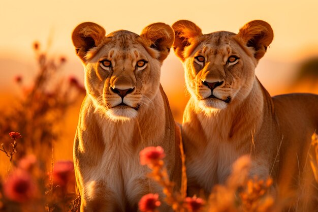 Image d'une lionne majestueuse et gracieuse et de son petit savane africaine