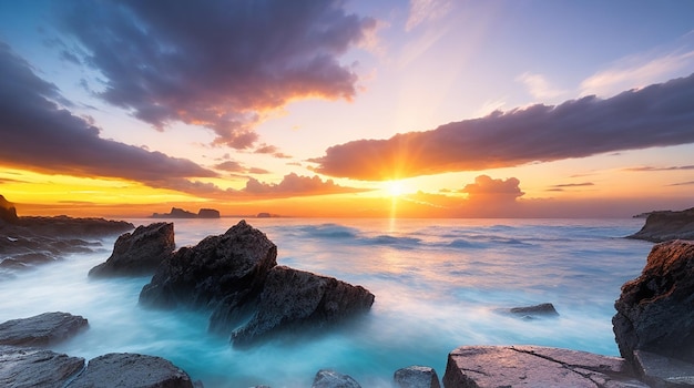 Image à longue exposition d'un paysage maritime spectaculaire avec des rochers au coucher du soleil en arrière-plan. Lumière étonnante.