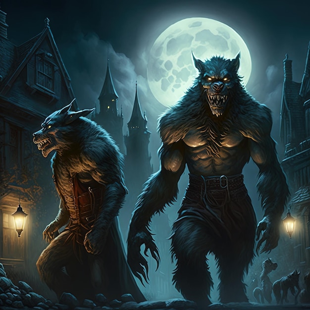 Photo une image d'un loup et d'un château avec une pleine lune en arrière-plan