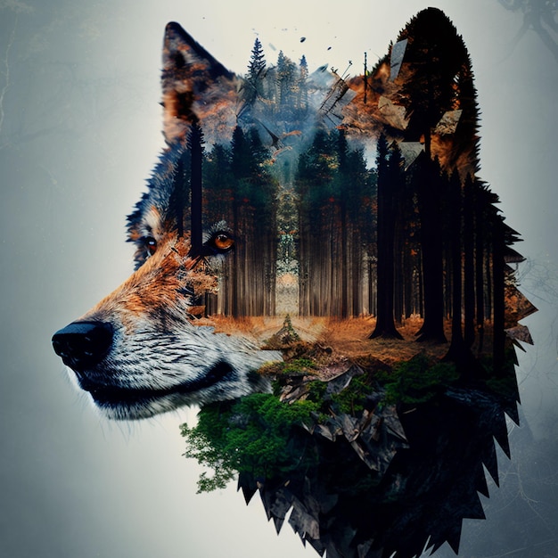 Une image d'un loup avec une forêt sur le visage