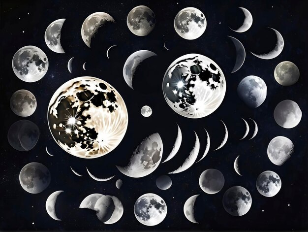 une image d'une lune avec beaucoup de phases et un fond noir