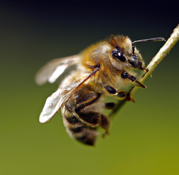 Image de macro d'abeille avec détail perché sur brindille sur fond vert