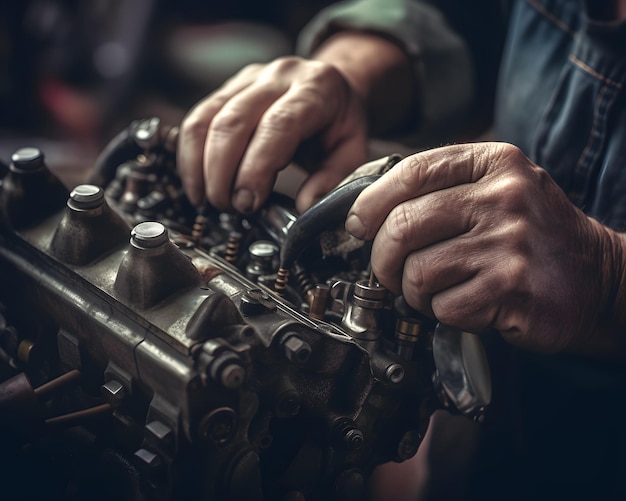 Image macro d'un moteur réparé par les mains d'un mécanicien IA générative