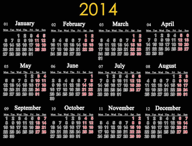 Photo image avec un magnifique calendrier noir pour l'année 2014