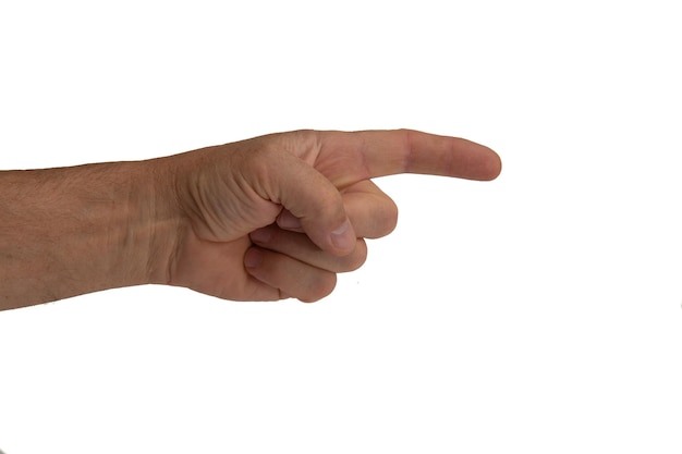 Image d'une main masculine gauche pointant un doigt vers la droite sur une photo sur fond blanc