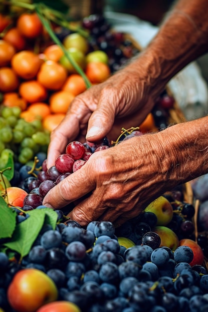 Image des mains d'un homme en train de cueillir des fruits frais