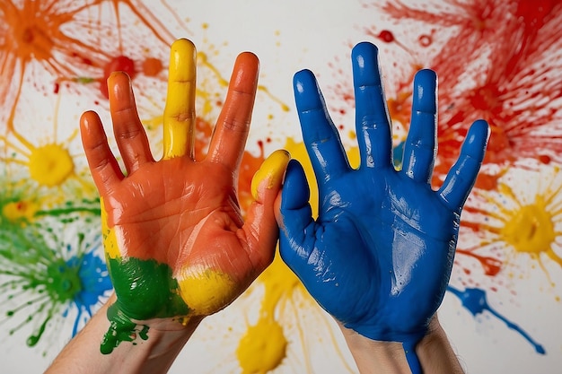 Image de mains humaines en peinture colorée avec des sourires