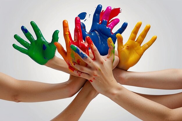 Image de mains humaines en peinture colorée avec des sourires