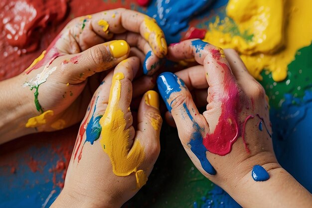 Image de mains humaines en peinture colorée avec des sourires