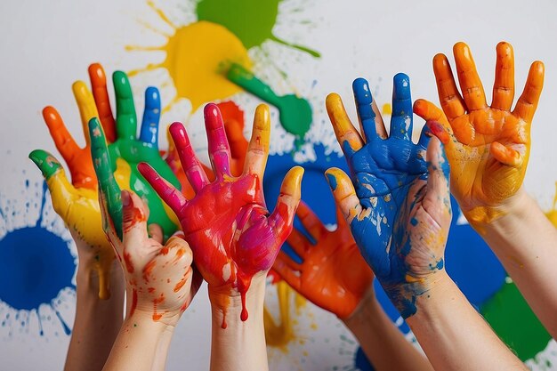 Image de mains humaines en peinture colorée avec des sourires