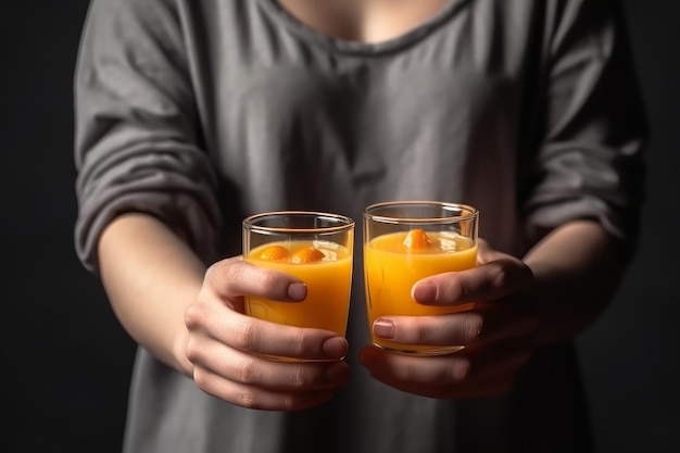 Image de mains tenant des verres de jus d'orange AI générative