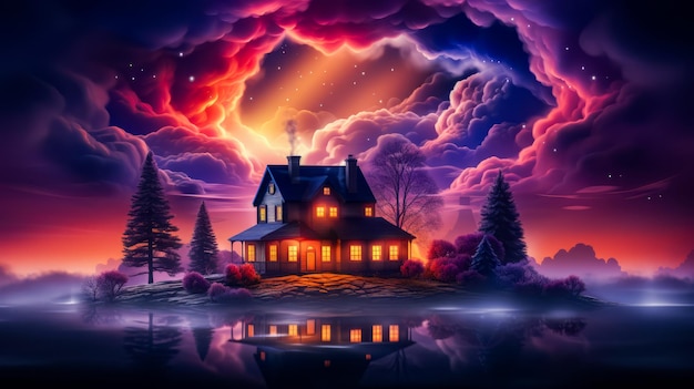Image d'une maison au milieu de la nuit IA générative
