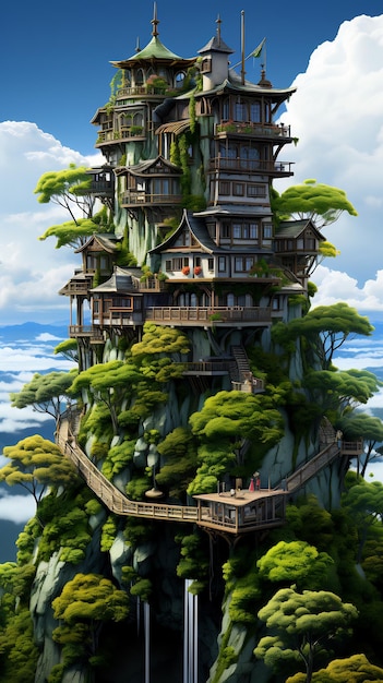 Image d'une maison au sommet d'une montagne avec un pont menant à elle AI générative