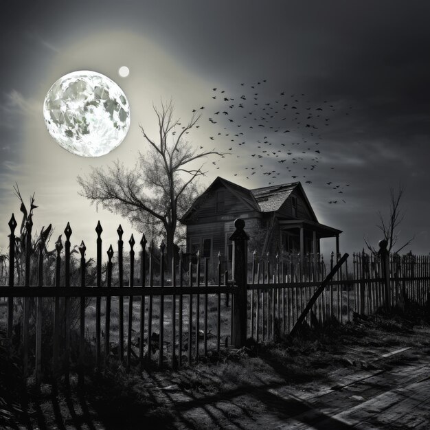 Photo image d'une maison hantée avec la lune en arrière-plan noir et blanc