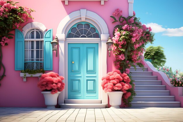 Image d'une maison rose et bleue avec porte bleue Generative AI