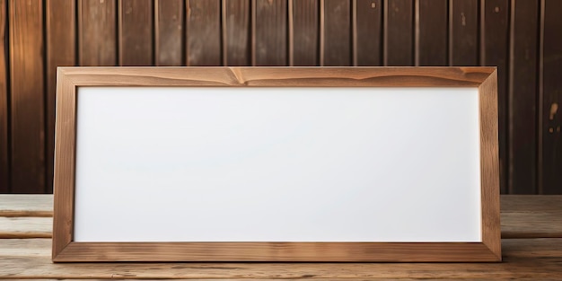 Image d'une maquette d'affiche avec un cadre blanc placé sur une table en bois