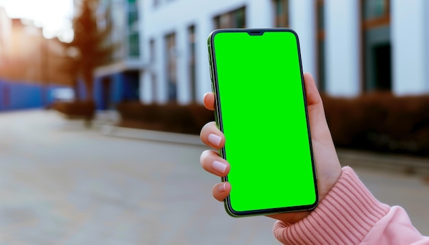 Image de maquette d'un homme d'affaires tenant un téléphone portable intelligent avec un écran vert vide