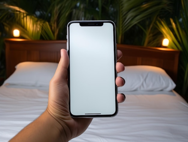 Image de maquette d'une main tenant un téléphone portable blanc avec un écran blanc vide