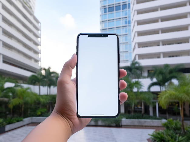 Image maquette d'une main tenant un téléphone portable blanc avec un écran blanc vierge