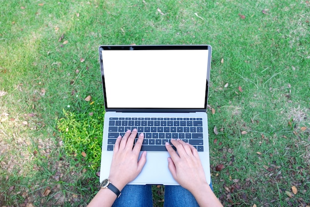 Image de maquette vue de dessus d'une femme utilisant et tapant sur un ordinateur portable avec écran blanc vierge, assis à l'extérieur avec fond de nature