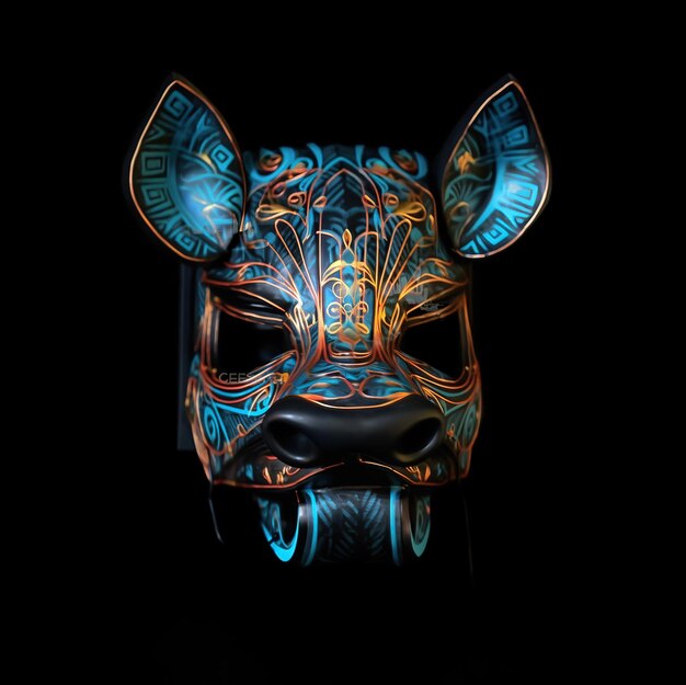 Image d'un masque de cochon cyberpunk avec des motifs colorés sur fond noir Illustration d'animaux de la faune AI générative