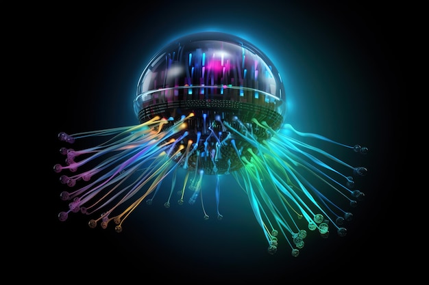 Image de méduses avec de belles couleurs et lumière avec concept technologique sur fond sombre Illustration d'animaux de la faune IA générative