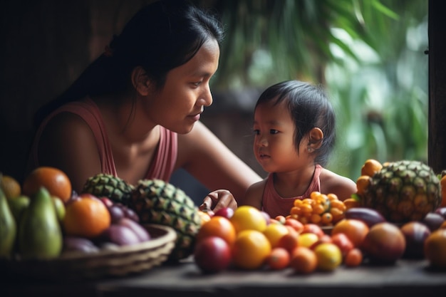 Image d'une mère et d'un enfant mangeant des fruits et légumes Journée mondiale de la santé bokeh AI générative