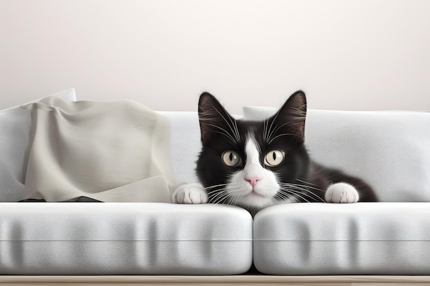 Image d'un mignon chat noir et blanc allongé sur un canapé Animaux de compagnie Illustration IA générative