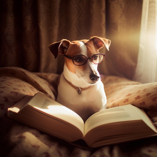 image d'un mignon chien avec des lunettes qui lit un livre