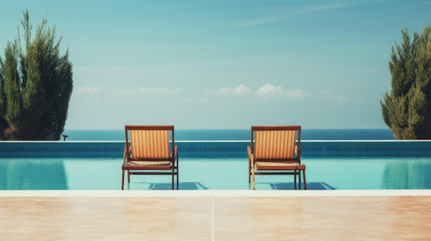 image minimaliste deux chaises longues près d'une piscine bleue