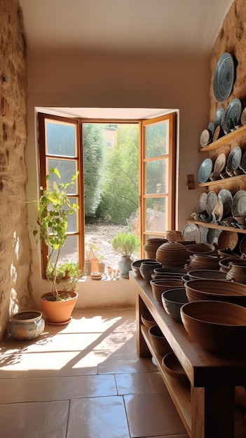 image minimaliste d'une maison méditerranéenne couleurs chaudes et détails plantes méditerranéennes génératives
