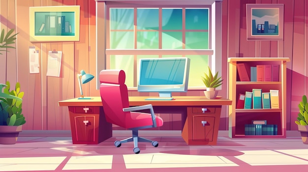 Une image moderne de l'intérieur d'une salle d'armoire avec une fenêtre dans une maison Une illustration de dessin animé d'un lieu de travail d'entreprise avec un moniteur de table de chaise et une étagère montrant un environnement de travail dentreprise avec le