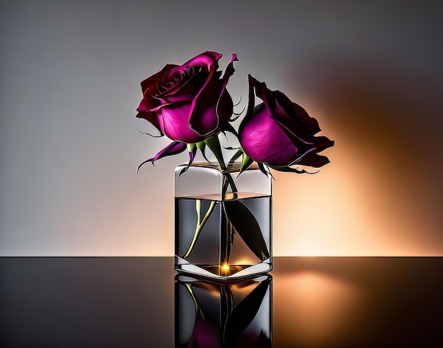 Image moderne et minimaliste d'une seule rose dans un vase élégant avec un éclairage spectaculaire