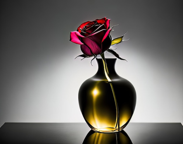 Image moderne et minimaliste d'une seule rose dans un vase élégant avec un éclairage spectaculaire