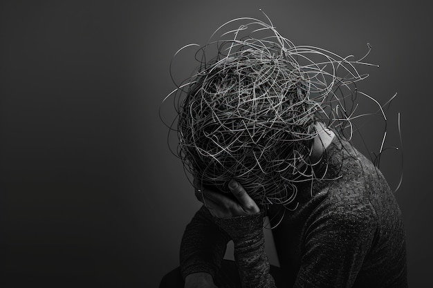 Image monochrome d'une personne avec des fils chaotiques sur la tête symbolisant un trouble mental