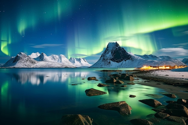 une image d'une montagne avec l'aurore boréale au-dessus