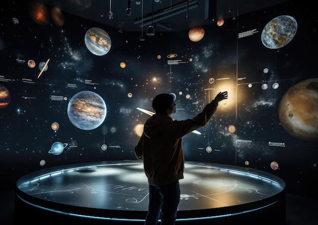 Une image montrant un étudiant utilisant l'IA pour explorer le système solaire grâce à la réalité augmentée