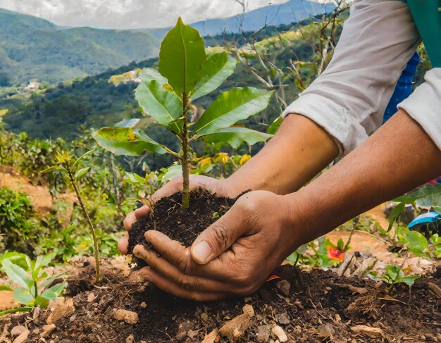 une image montrant des mains humaines plantant des arbres dans le sol