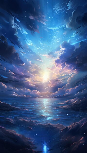 Une image montrant des nuages et des lumières du soleil dans une grande étendue bleue