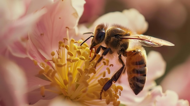 Photo cette image montre une abeille pollinisant une fleur. l'abeille est couverte de pollen et la fleur est entourée de feuilles vertes.