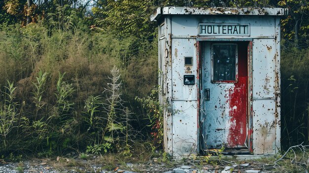Photo cette image montre une cabine de garde abandonnée dans un champ. la cabine est rouillée et couverte de graffitis. la porte est ouverte.
