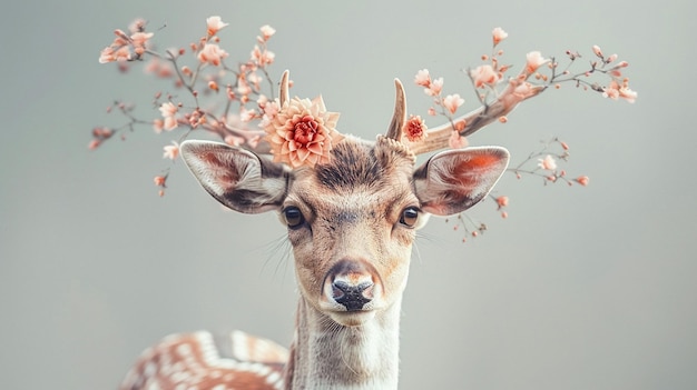 L'image montre un cerf portant une couronne de fleurs roses et blanches Le cerf se tient devant