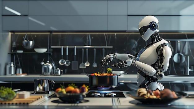 Photo l'image montre un chef robot dans une cuisine moderne le robot est fait de métal blanc et a un écran noir pour un visage